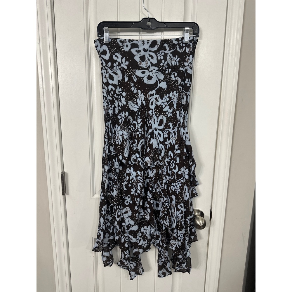 Silk Floral Polka Dot Ruffle Midi Skirt Brown Blue Asymmetrical Handkerchief Hem